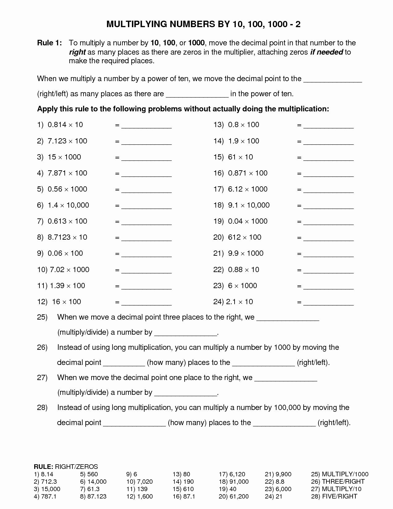 multiplying decimals by 10 100 and 1000 worksheet db
