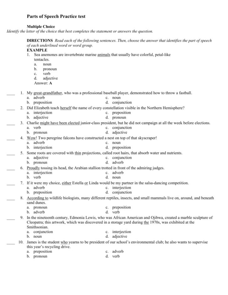 parts of speech practice test db excelcom