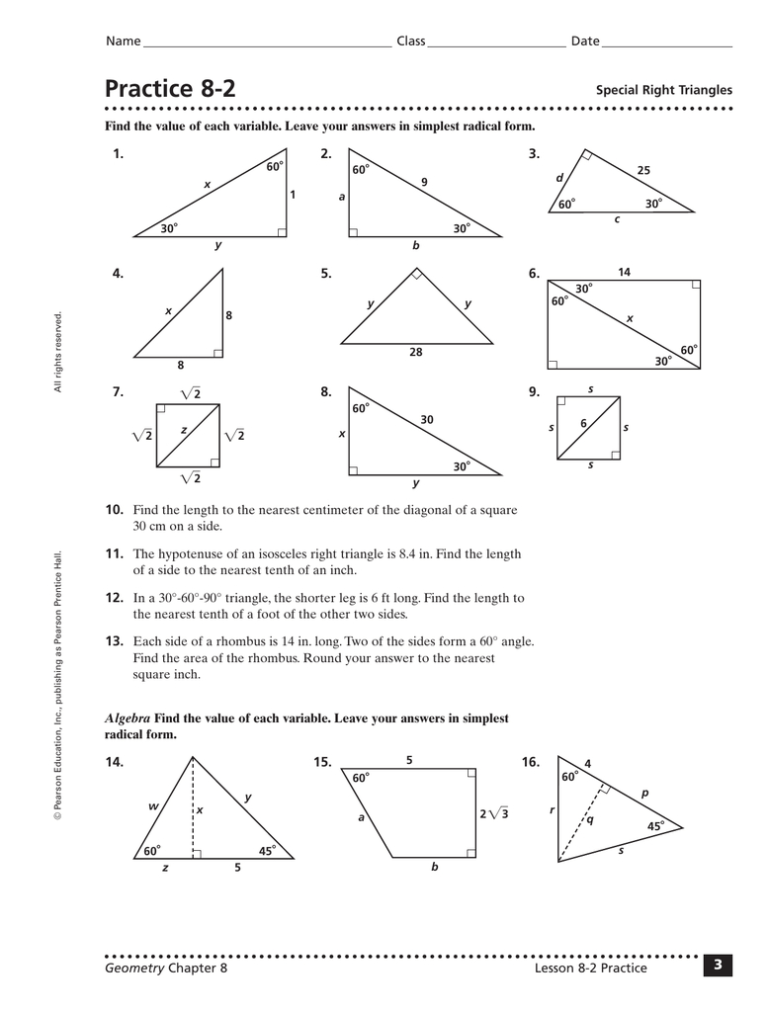 Special right triangles 30 60 90 worksheets answers