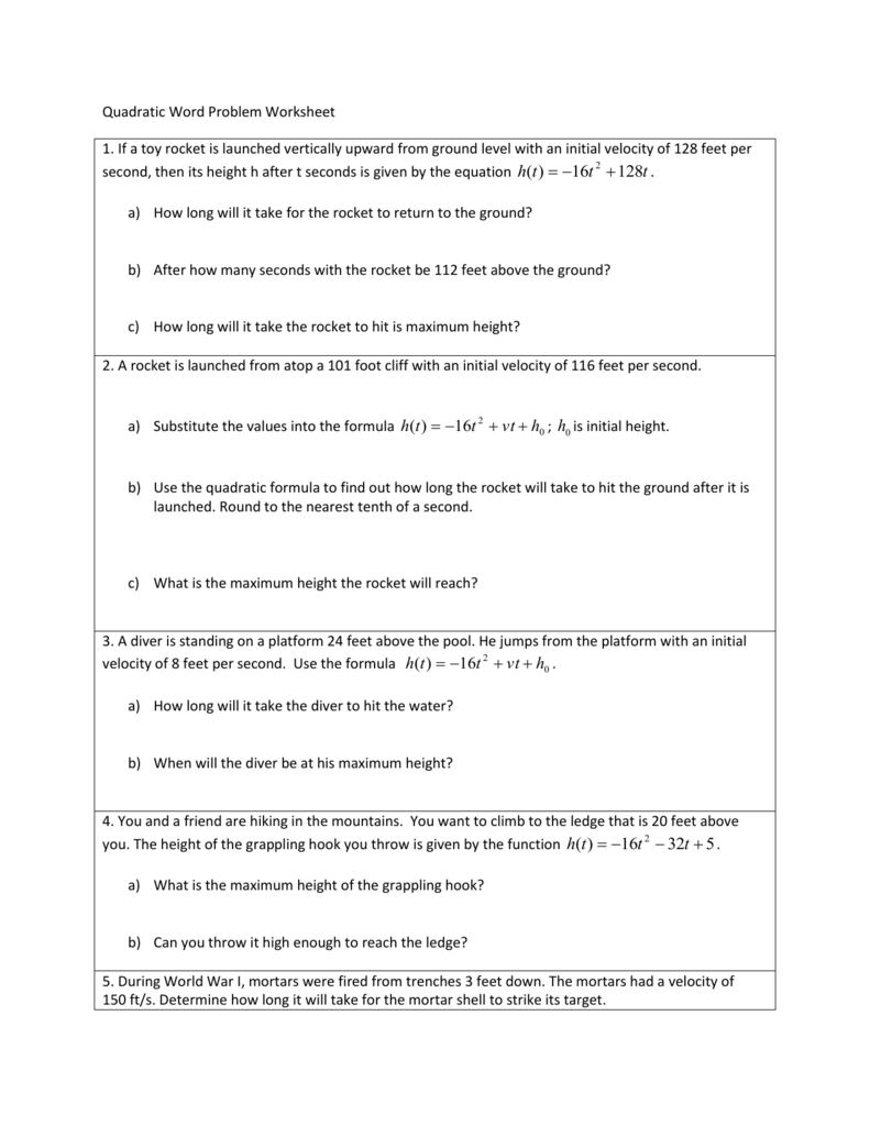 Quadratic word problems worksheet — db-excel.com