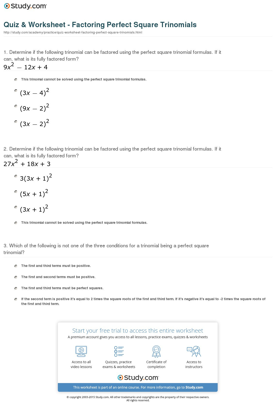 Perfect Square Trinomial Worksheet Kuta Perfect Square Trinomial Worksheet Kuta