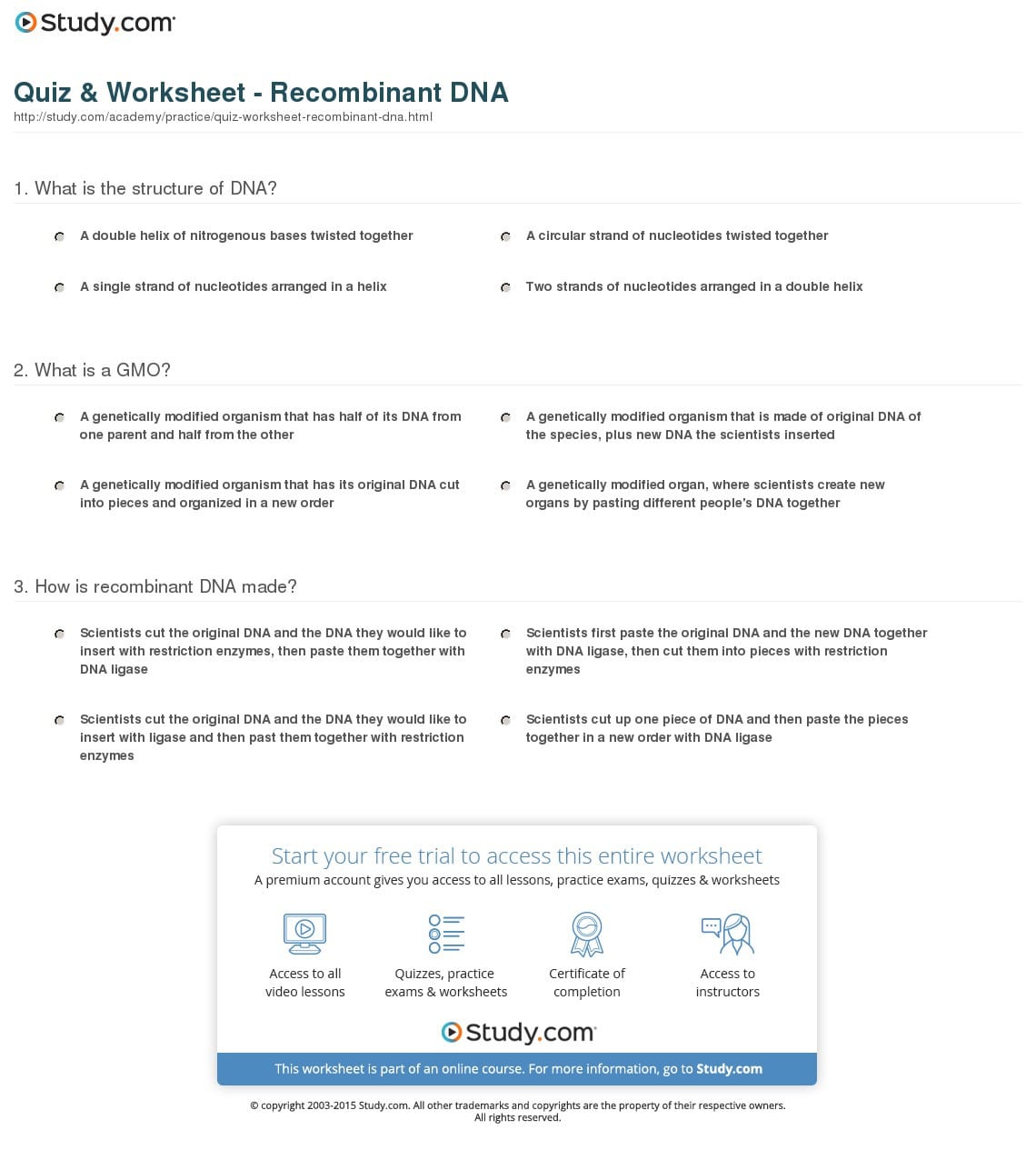 quiz worksheet recombinant dna study 3 - Understanding Recombinant Dna Technology Worksheet Answer Key