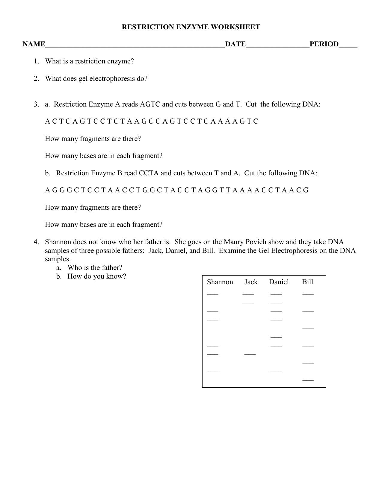 Restriction enzyme worksheet