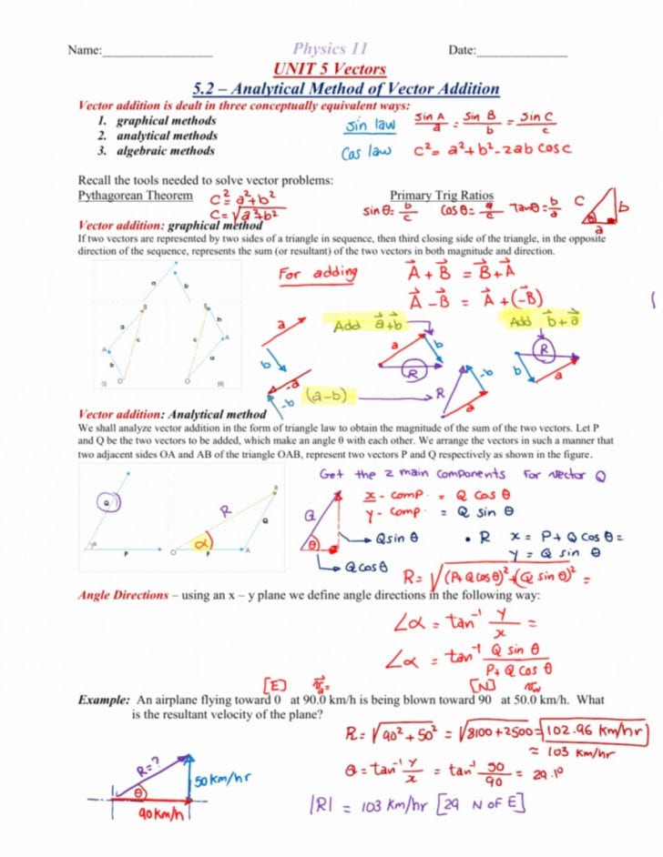 two dimensional motion and vectors worksheet answers db excelcom