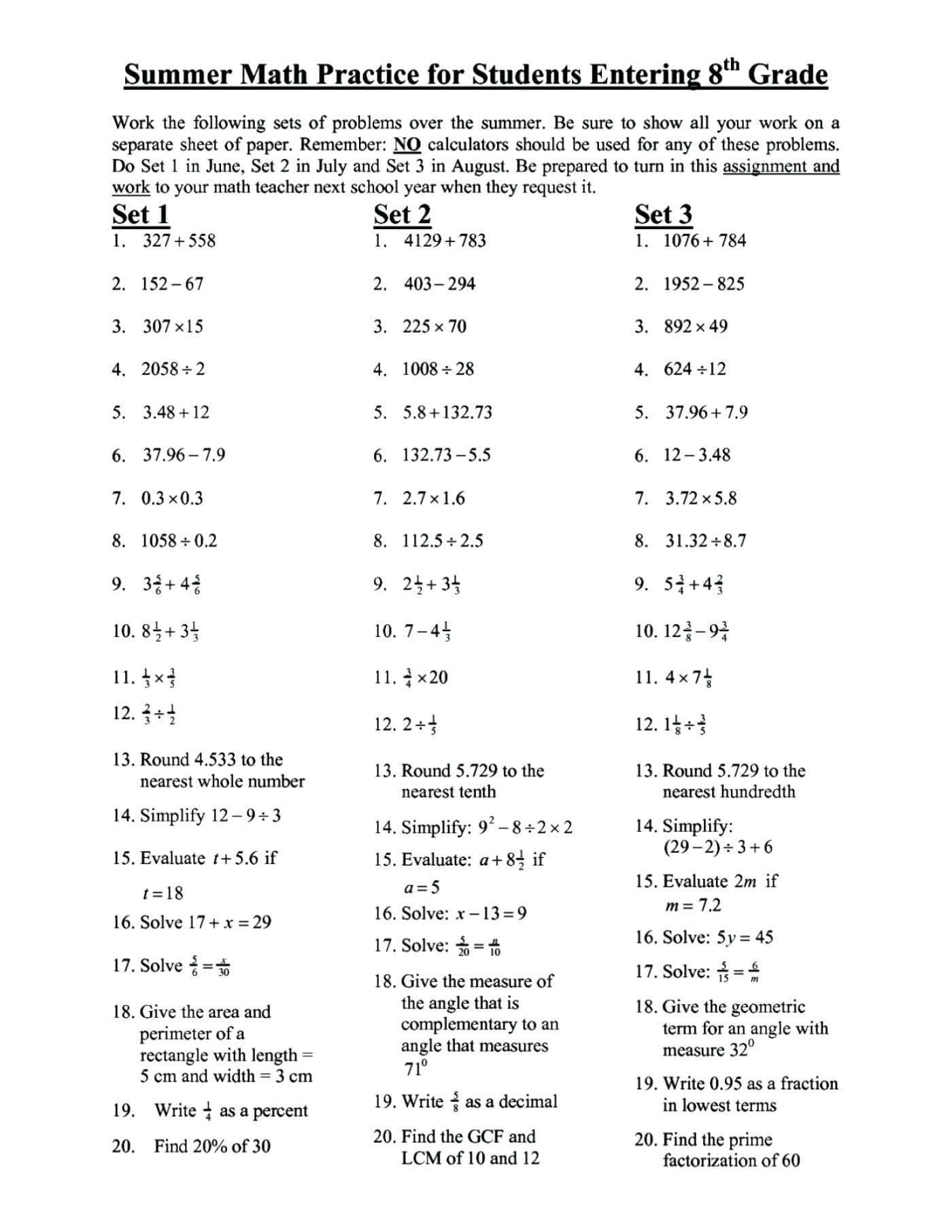 practice math worksheets for 8th grade db excelcom