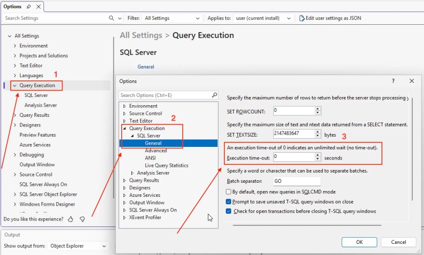 screenshot of ssms tools option of query execution