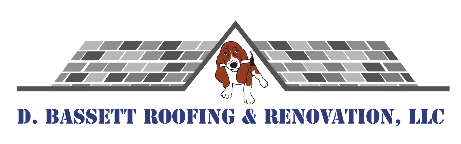 Logo for D. Basset Roofing & Renovation, LLC: a gray shingled roof with a Basset Hound under the peak and bold blue company name beneath.