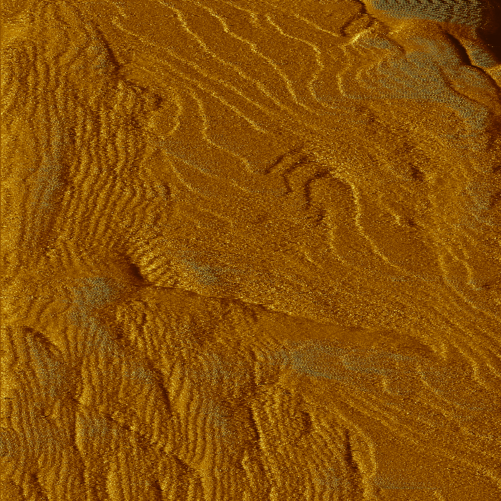 Atomic planes in gold. Tunneling current image, 1 nA setpoint, 50 mV bias.