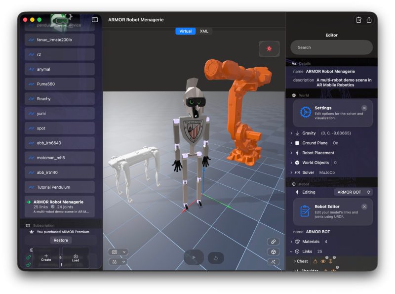 ARMOR running a multi-robot MuJoCo world on macOS
