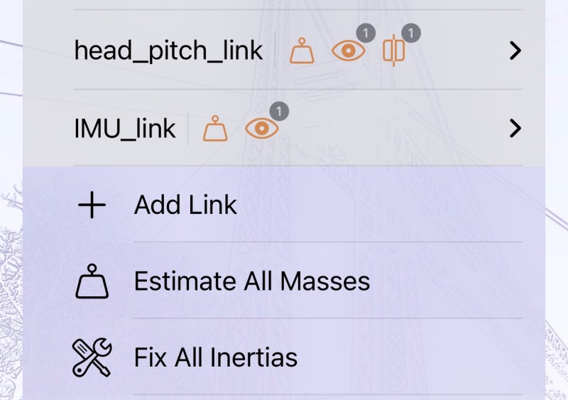 The ARMOR editor includes automatic mass estimation for meshes in your URDF models.