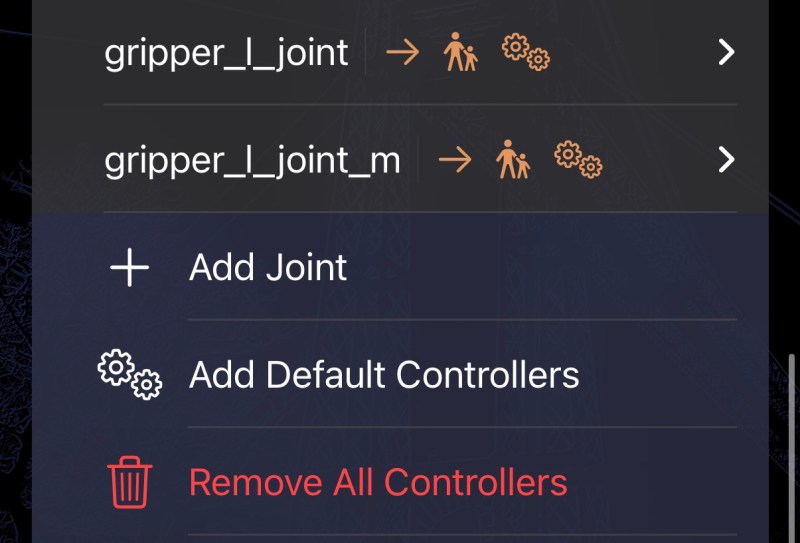 Add Default Controllers action in the ARMOR robot editor for a URDF robot arm.