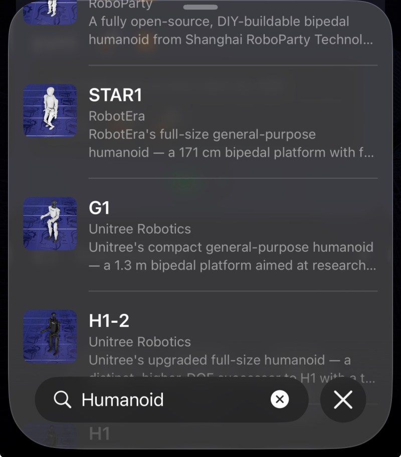 ARMOR in-app robot gallery browser with searchable URDF robot thumbnails on iPhone.