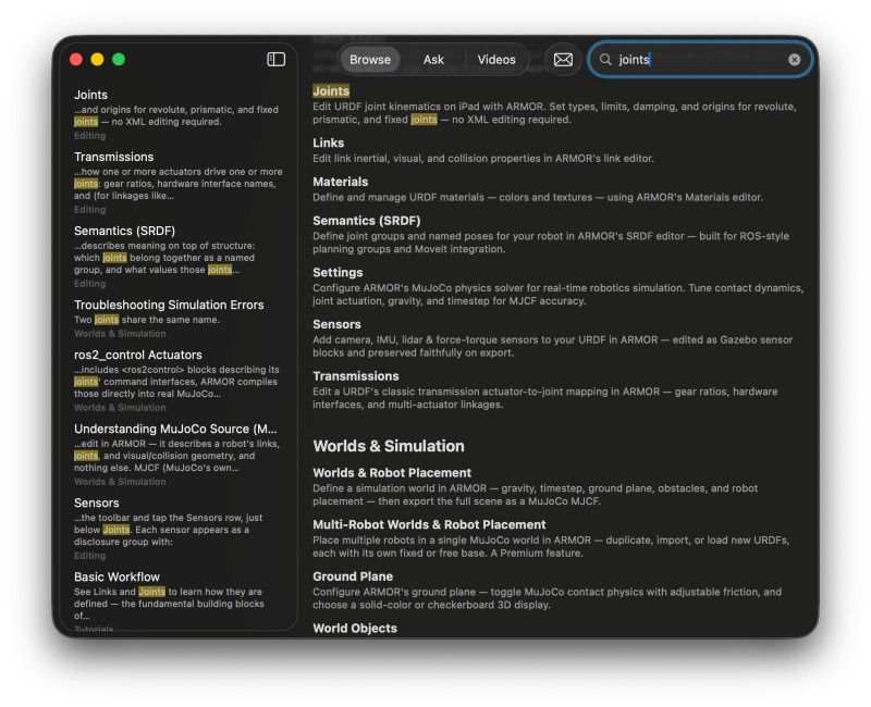 ARMOR built-in help window on Mac with searchable documentation pages