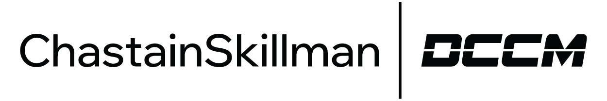 Chastain Skillman | DCCM logo in black on a gray checkered background.