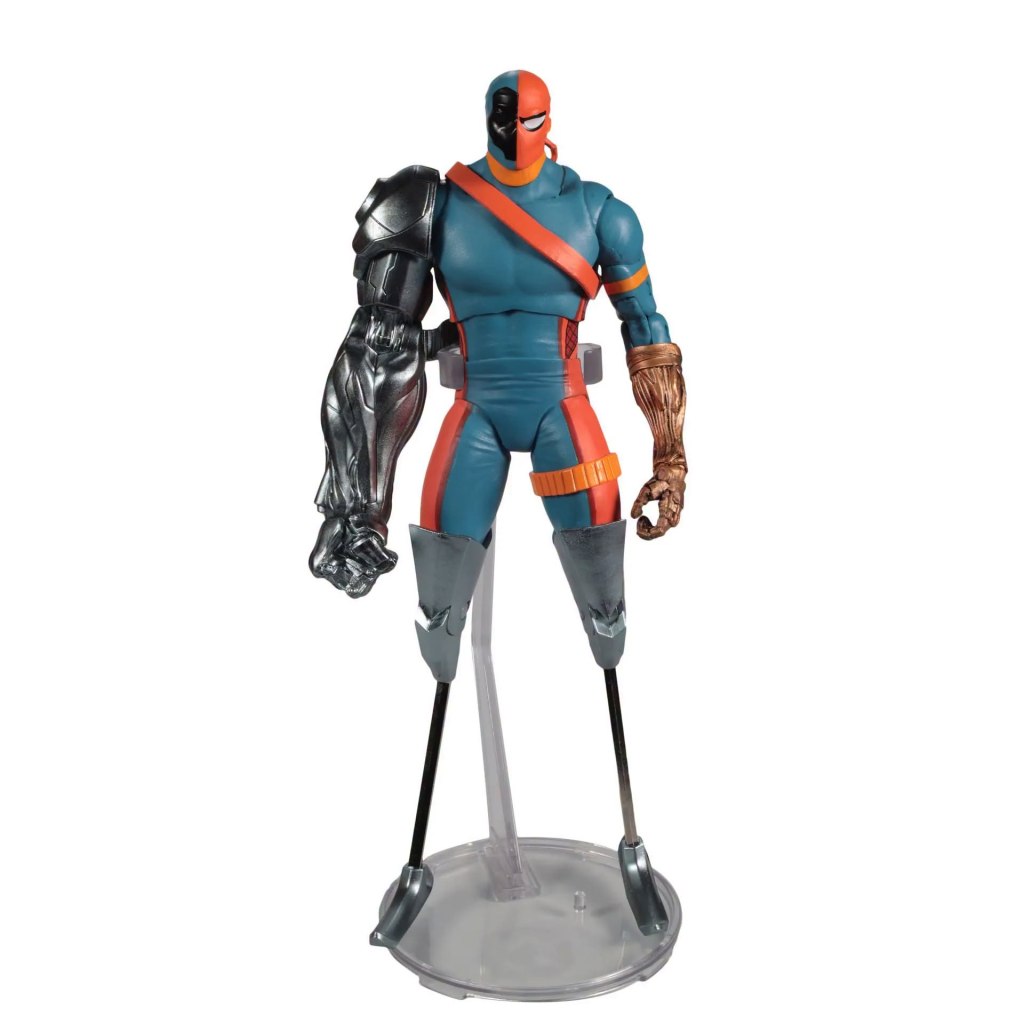 A full shot of the McFarlane DC Multiverse Multiverse Deathstroke/Cyborg action figure, highlighting its cybernetic enhancements and display stand, on a white background.