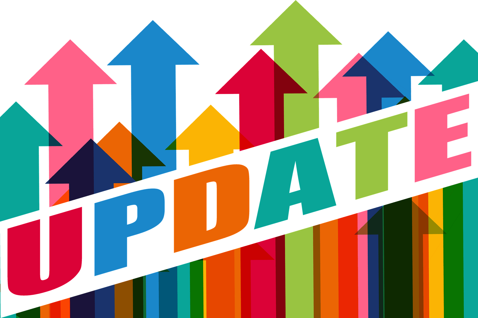 A very colorful vector image of the word update against a background of colorful arrows all pointing up, introducing a 6-month update on what it's been like, switching to a career of English copywriting and English proofreading