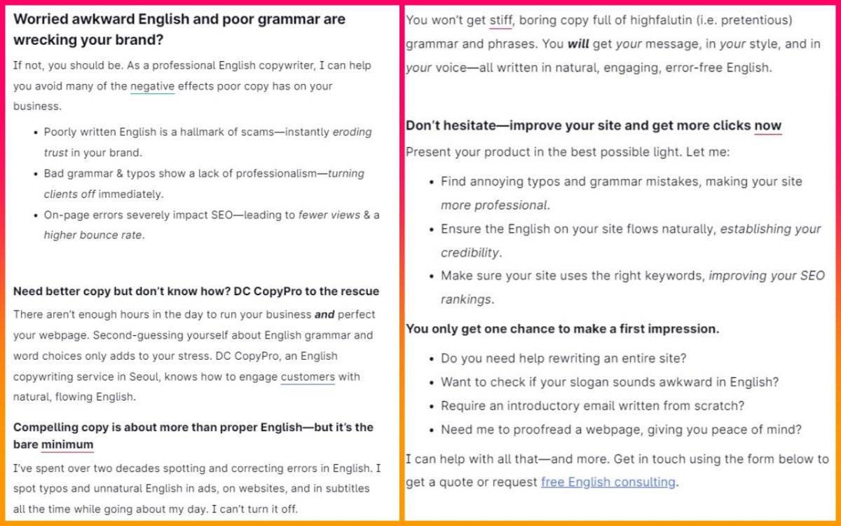 A screenshot of the copy from DC CopyPro's main page with very few suggestions, suggesting a qualified proofreader