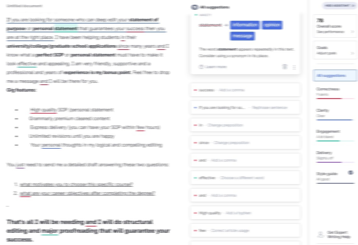 A screenshot of text from a Fiverr gig pasted into Grammarly, showing there are many errors to fix, suggesting this person is not a qualified proofreader