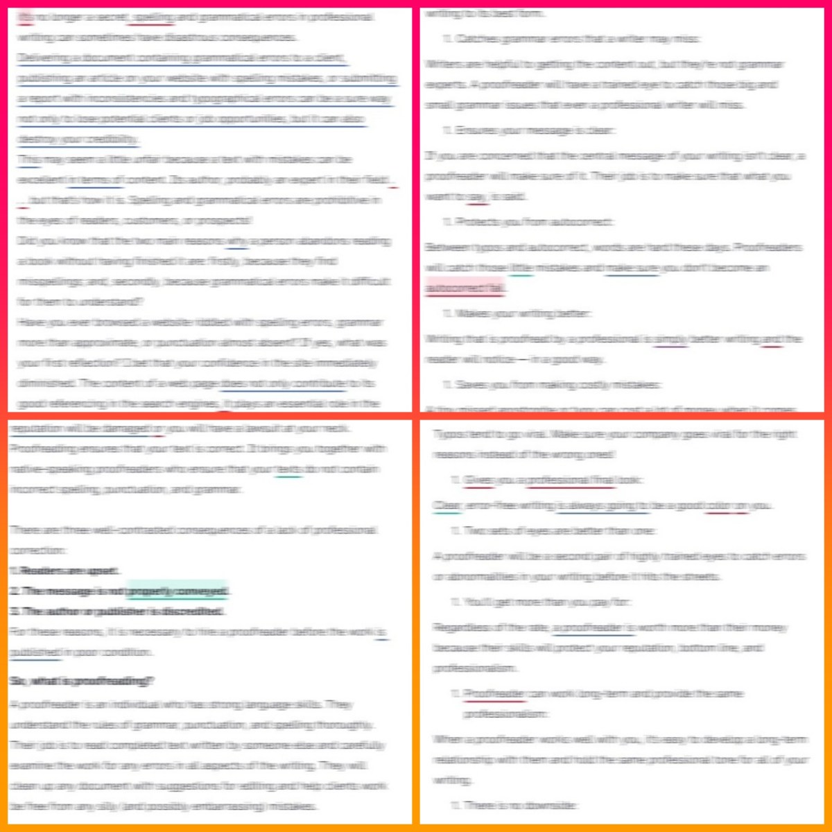 A screenshot of a blog post pasted into Grammarly, indicating there are several errors to be corrected and that this person is not a qualified proofreader.