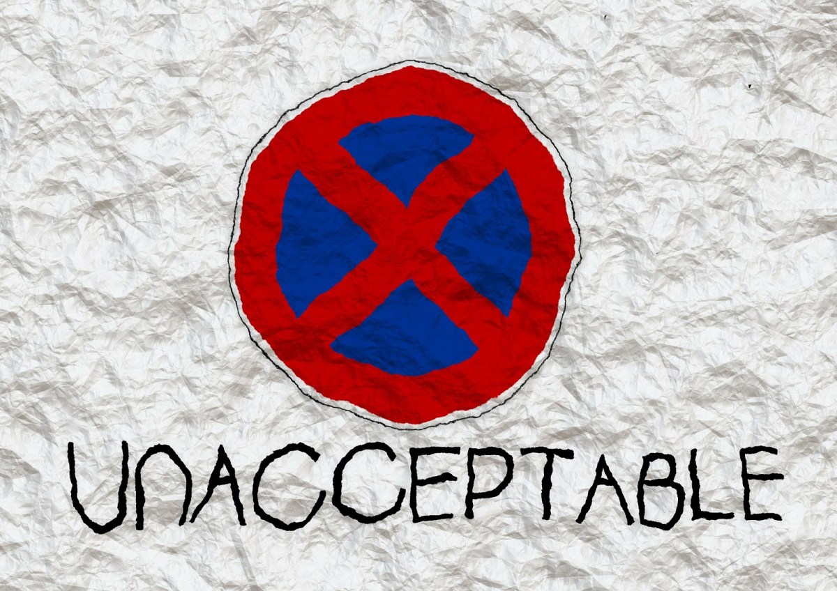 An image of a circled red X with blue inside, and the word "unacceptable" underneath it, representing unacceptable mistakes for a qualified proofreader.