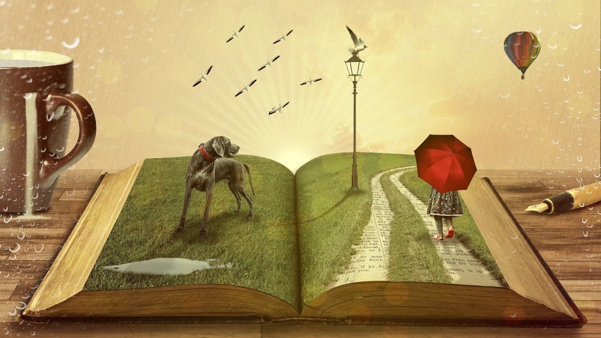An image of an open book with a dog, a lamp post, and a girl with a red umbrella coming out of the book in a 3-D manner,