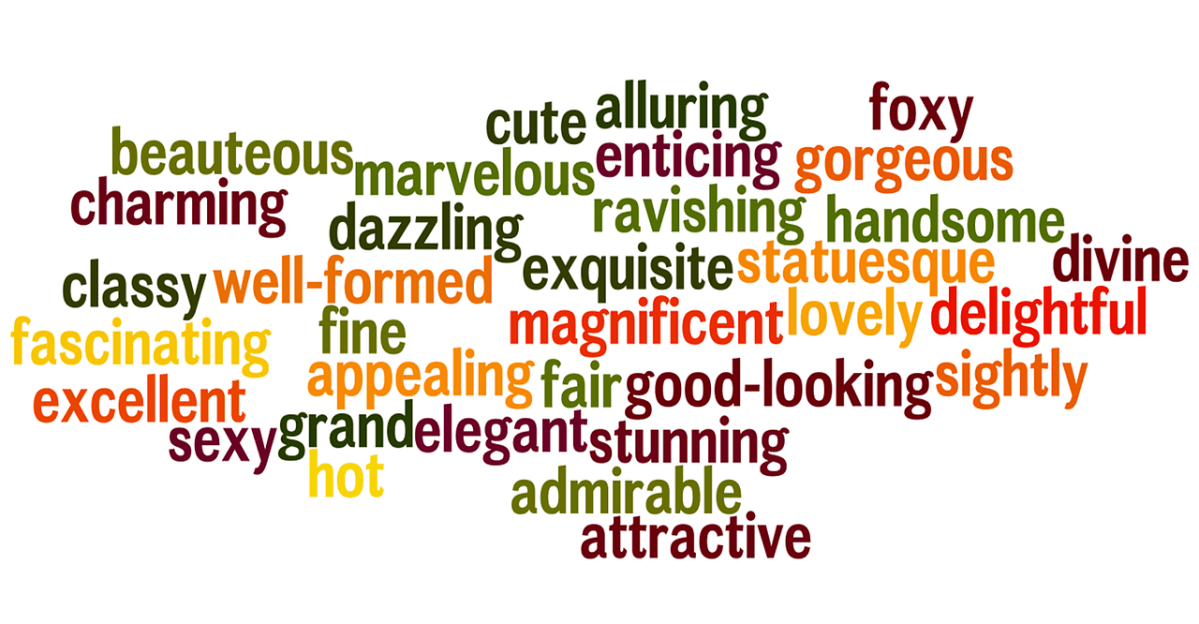 A word cloud showing different-colored adjectives, such as foxy, stunning, and classy.