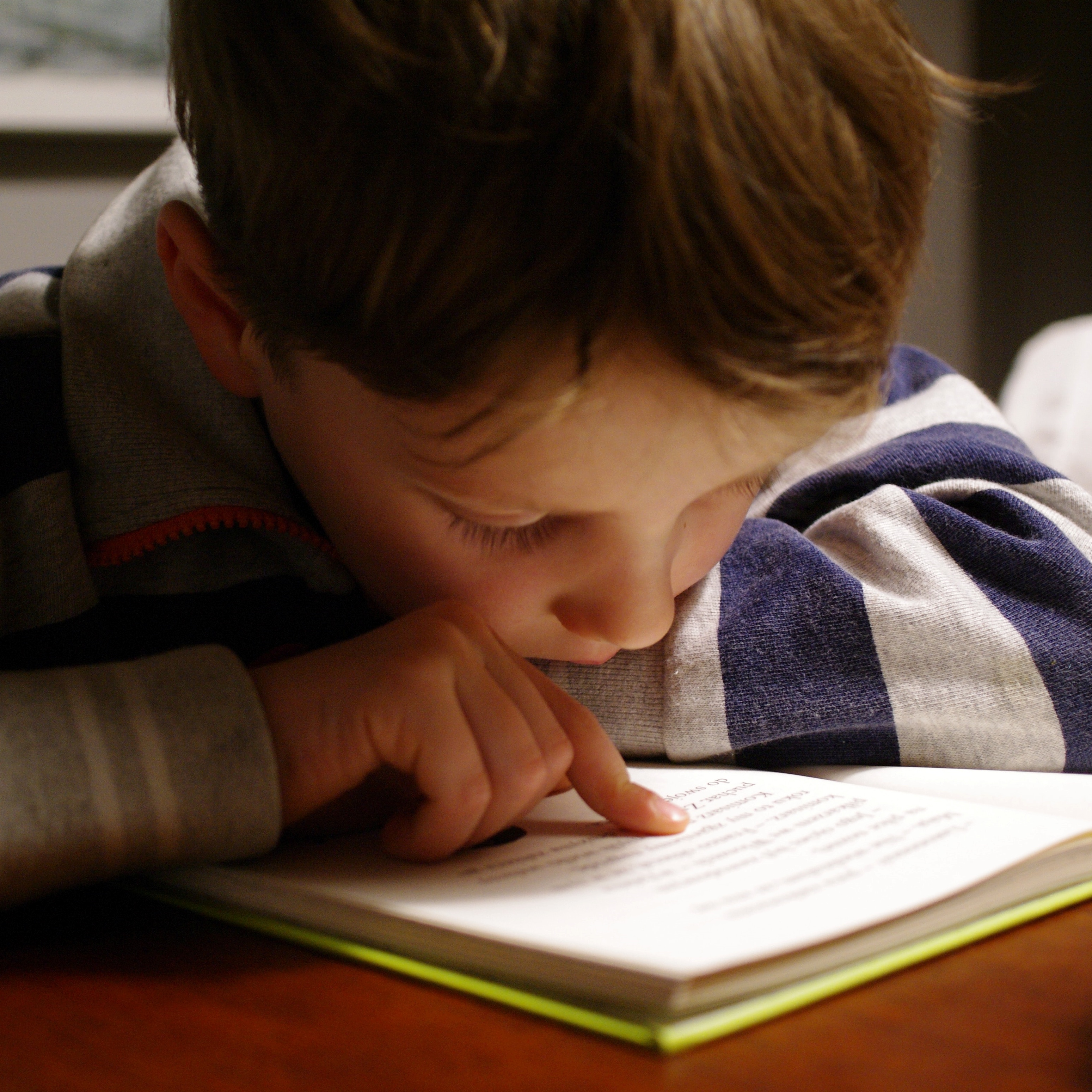 A picture of a young boy using his finger to follow the words as he reads a book.
