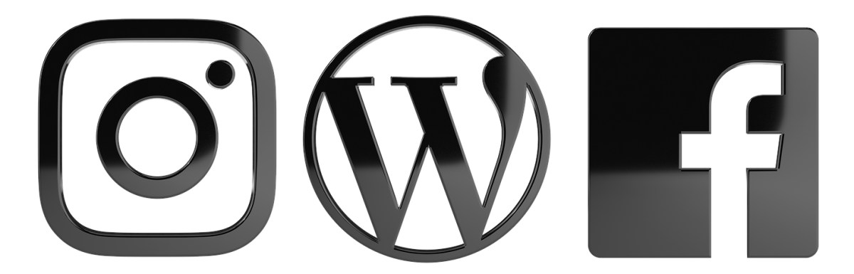 An image of black and white logos for Instagram, WordPress and Facebook