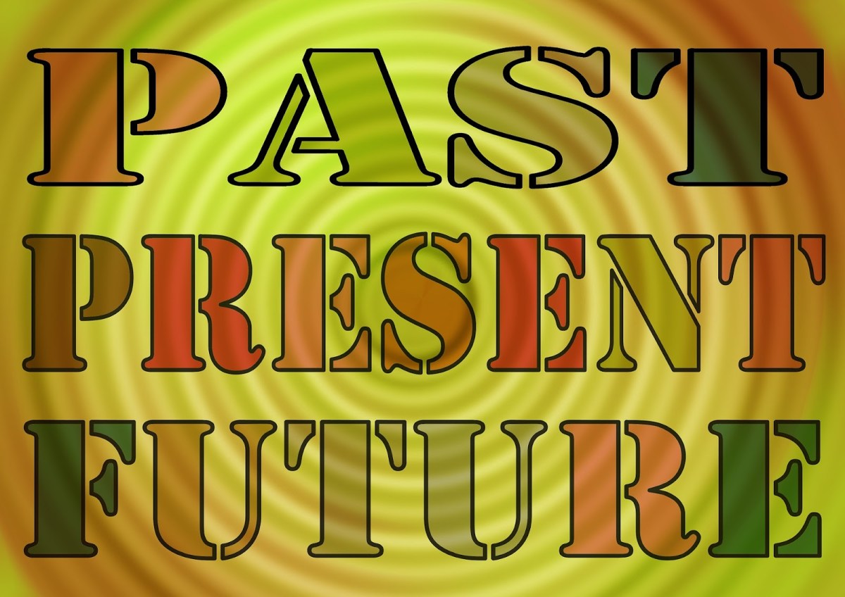 An image with the words past, present, and future on a psychedelic background.