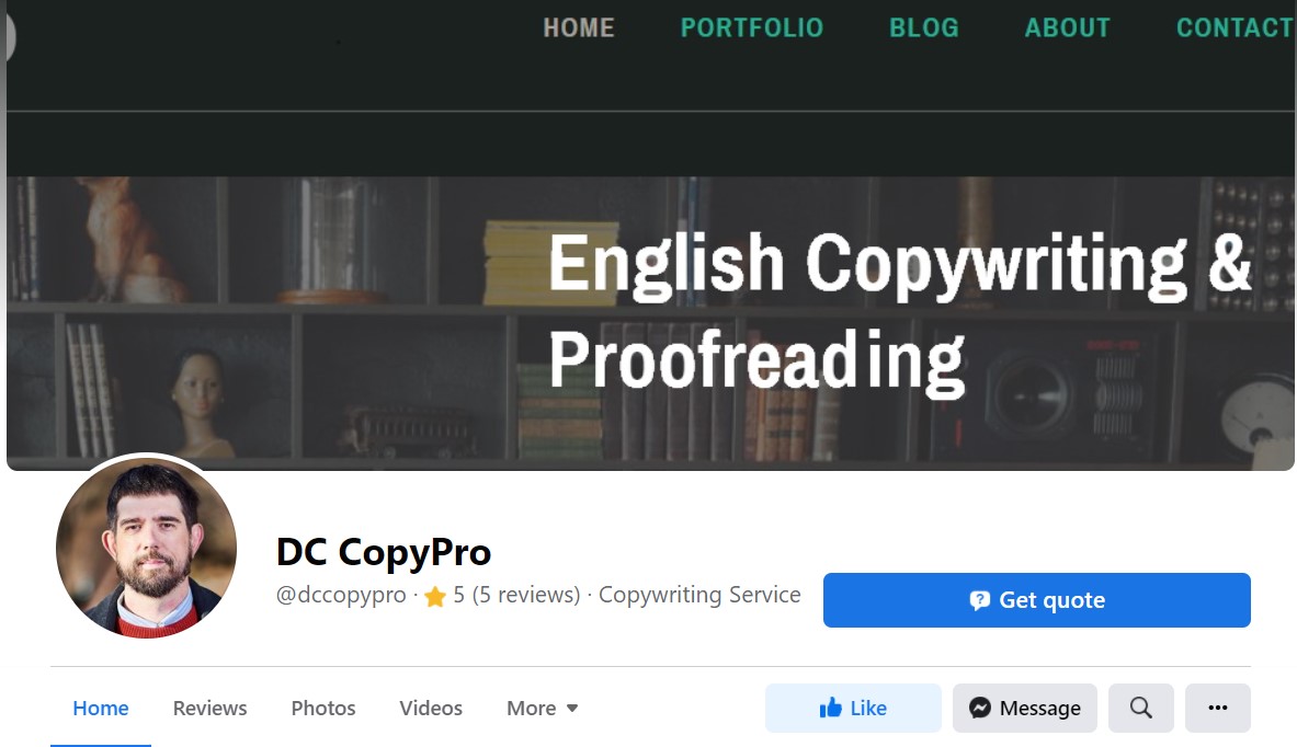 A screenshot of the Facebook page for DC CopyPro English copywriter & proofreader