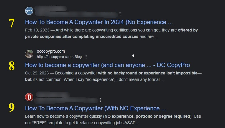 A screenshot of Google search results, showing my blog about whether anyone can become a copywriter ranking 8th.