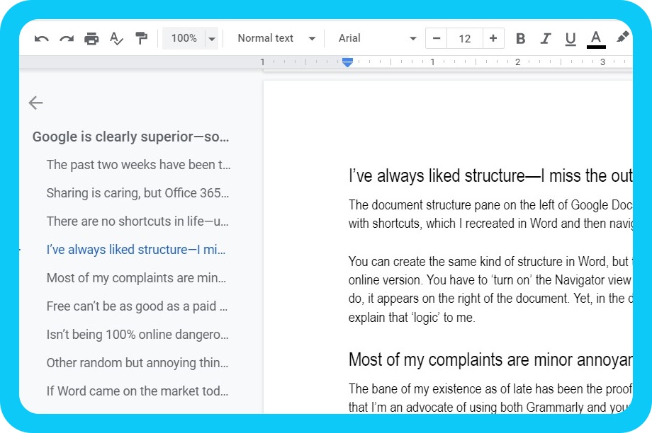 A screen shot of a Google doc of this blog post, showing the navigation frame, making me ask again" why is Office 365 so popular?"