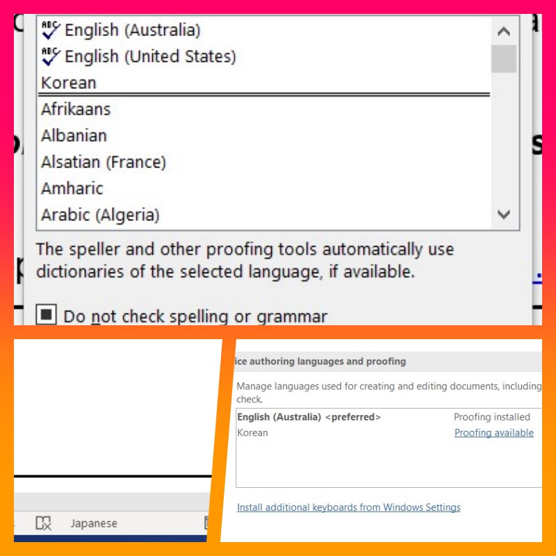 A split image of the language settings in Microsoft Word showing that the the only proofing languages installed are Australian and US English, though other images show the proofing language as Japanese—no further to understanding why is Office 365 so popular