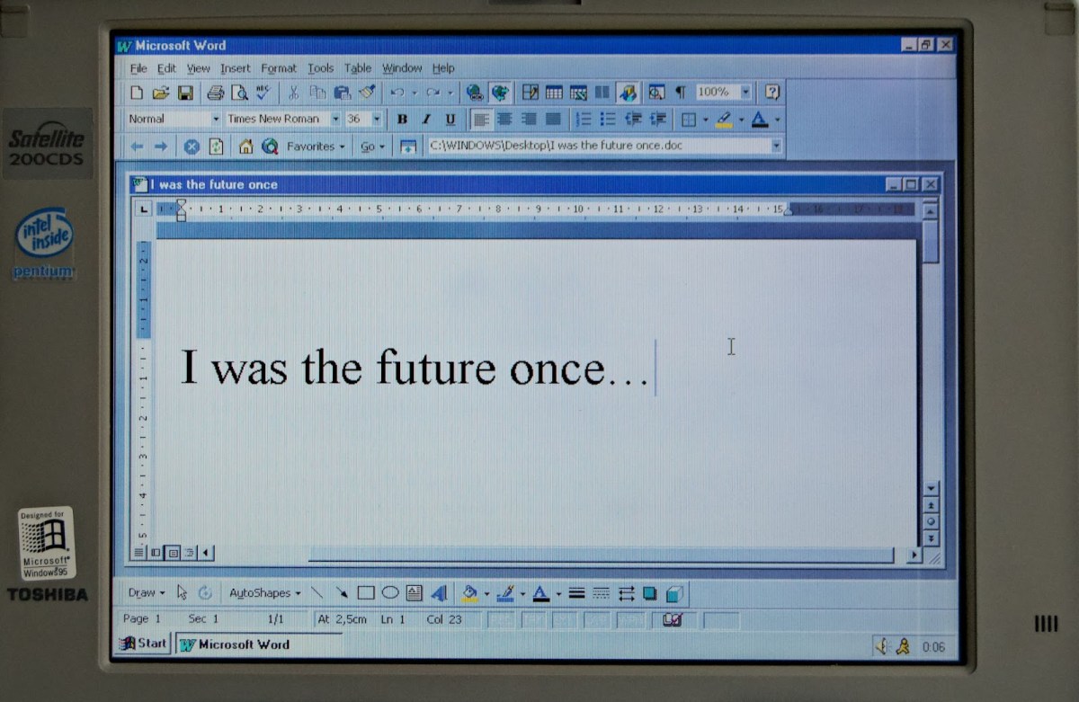 A picture of an old version of Microsoft Word, with the text, "I was the future once..." on the screen., but why is Office 365 so popular?