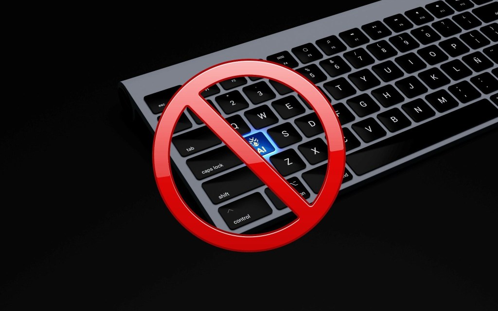 A keyboards with the "A" button replaces with "AI", with a red circle with a line through it superimposed on top.