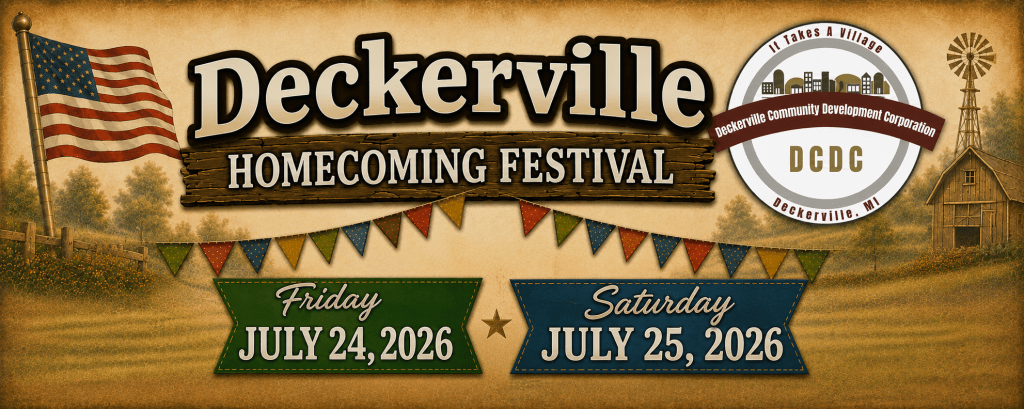 Banner for the Deckerville Homecoming Festival with an American flag, dates July 24-25, 2026, and a logo for the Deckerville Community Development Corporation.