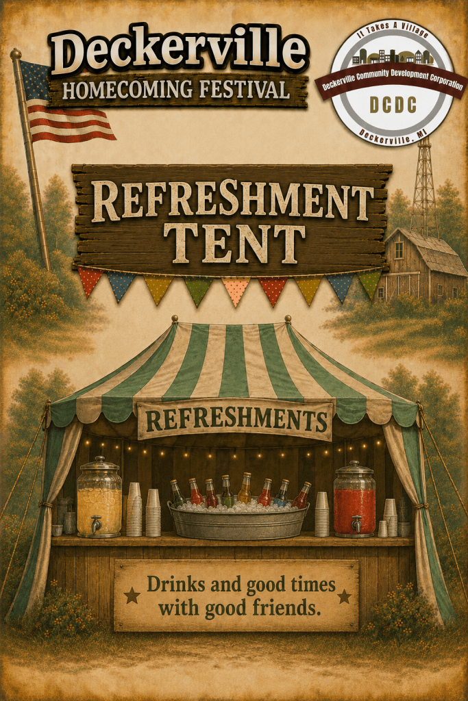 Illustration of a refreshment tent at the Deckerville Homecoming Festival, featuring a striped canopy, beverage dispensers, and a sign that reads 'Drinks and good times with good friends.'