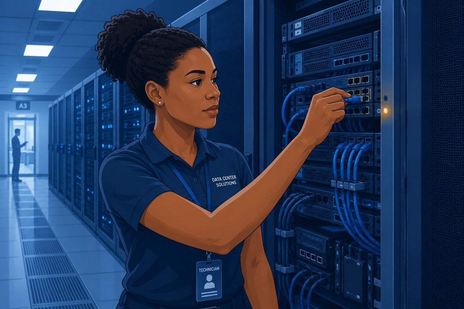 Female data center technician managing server cables in a modern data center.