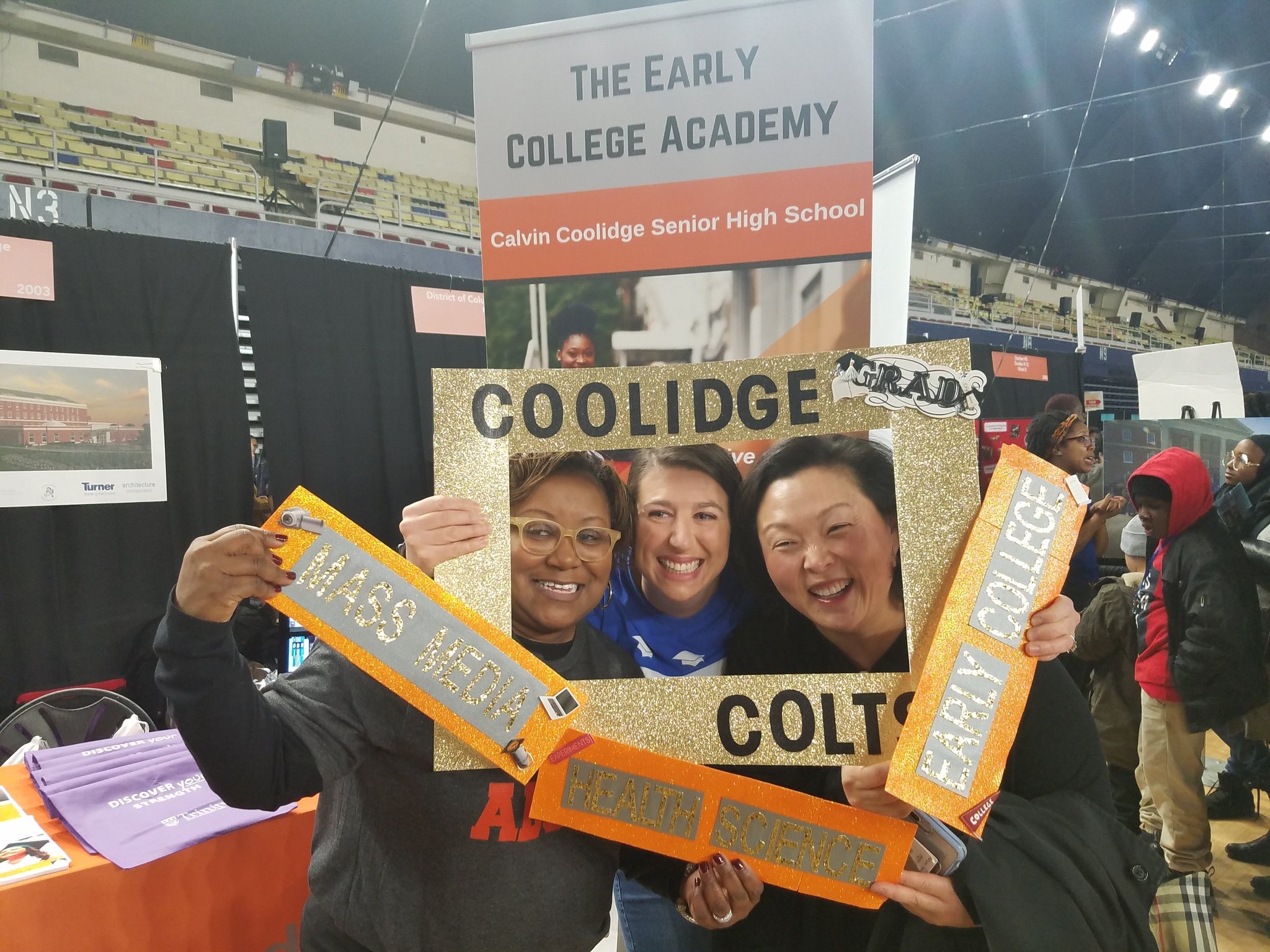 From left to right: Coolidge HS Principal, Semanthe Bright; DCPS Deputy Director for College & Career Programs, Dr. Erin Bibo; and Deputy Chancellor for Social Emotional Academic Development, Dr. Melissa Kim all share a fun moment at Ed Fest on 12/8/18