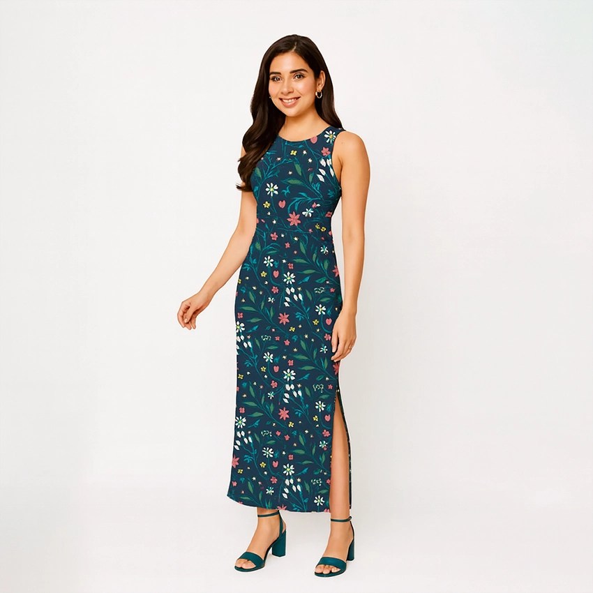 Blue Floral Printed Bodycon Dress