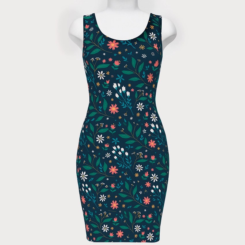 Blue Floral Printed Bodycon Dress
