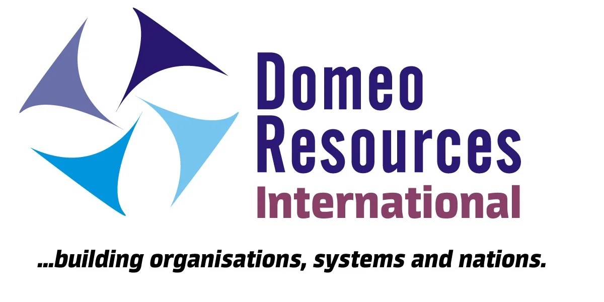 Domeo Resources International logo with a colorful circular emblem and the slogan building organisations systems and nations