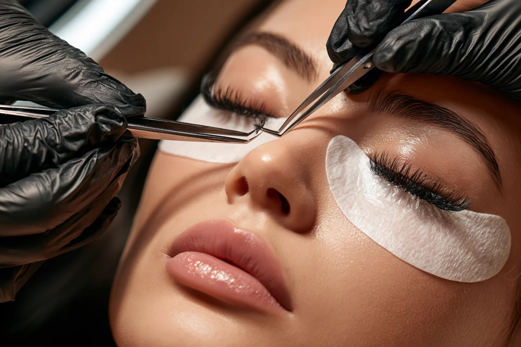 Lash technician applying individual eyelash extensions (illustrative)
