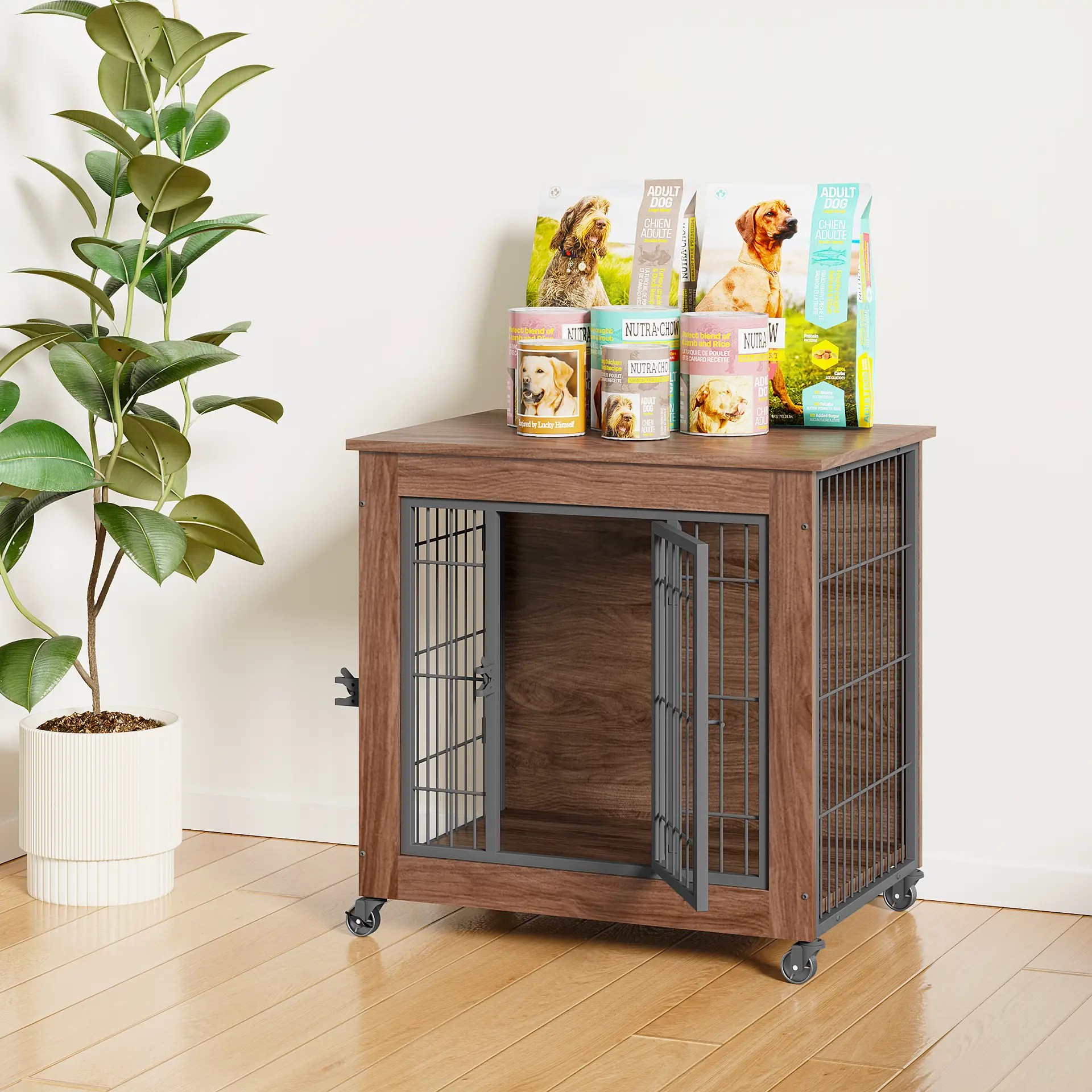 indoor dog crate with wheels and lockable design