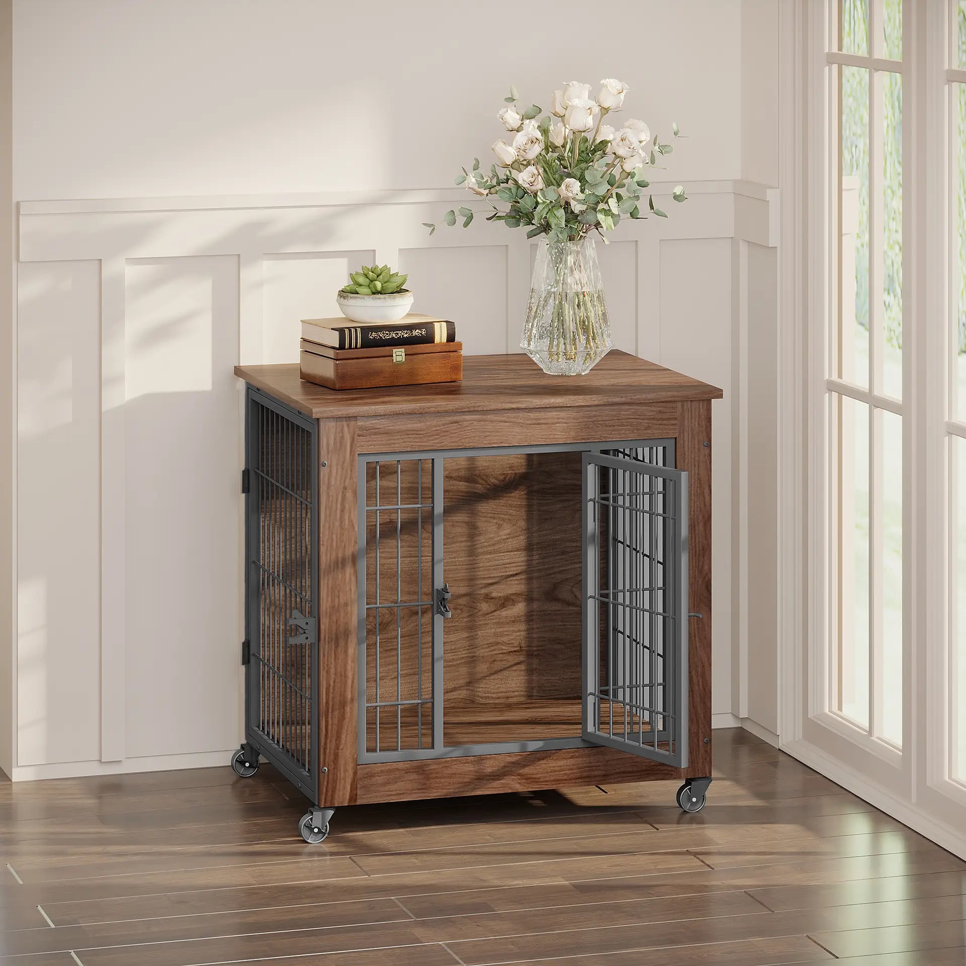 Dog Crate Furniture with Wheels for Small Dogs