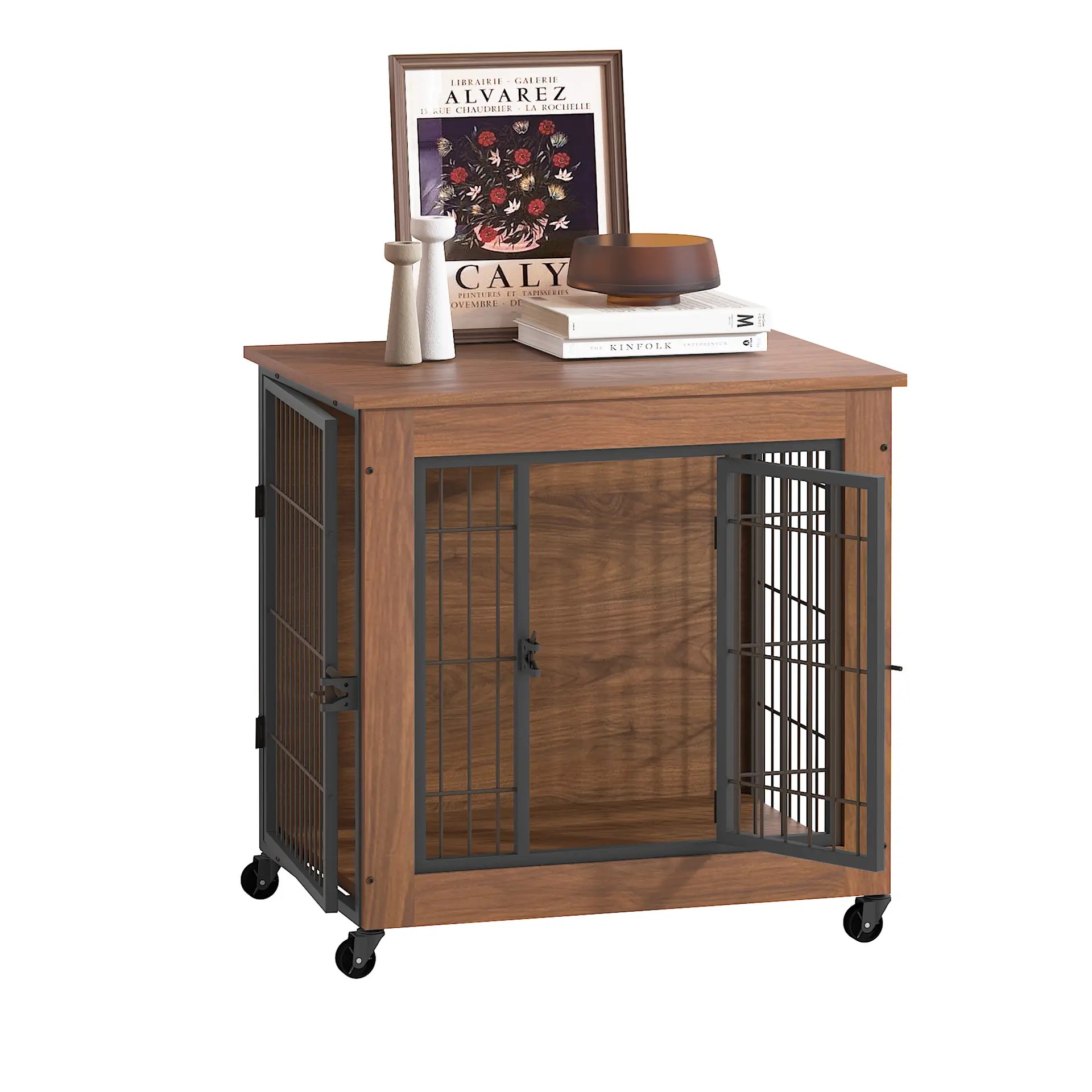 ventilated dog crate furniture with metal bars for airflow and visibility