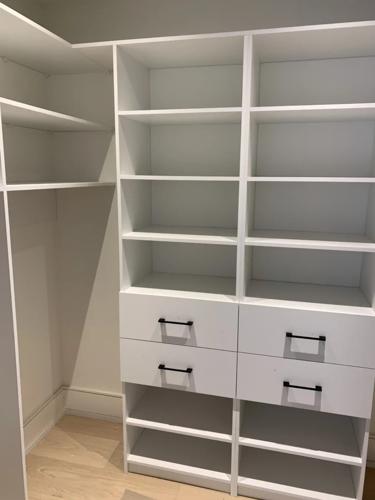 walk-in closet drawers white and shelfs