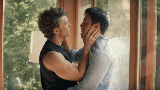 Connor Storrie as Ilya Rozanov and Hudson Williams as Shane Hollander in the 'Heated Rivalry', Season 1 finale episode 'The Cottage'