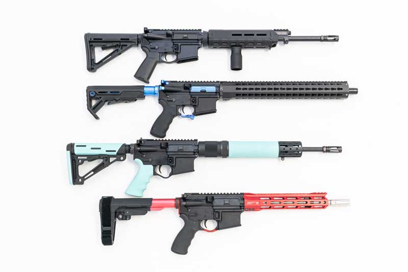 A selection of DOA custom AR-15 rifles.