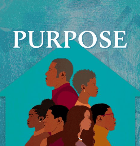 blue background with white lettering "Purpose" with 6 people of varying skin tones, looking away from each other